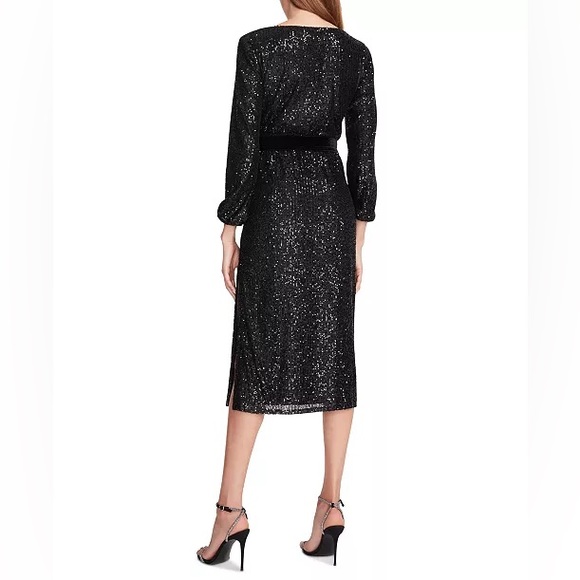 V-Neck Sequinned Midi Dress with Velvet Belt - Picture 3 of 3